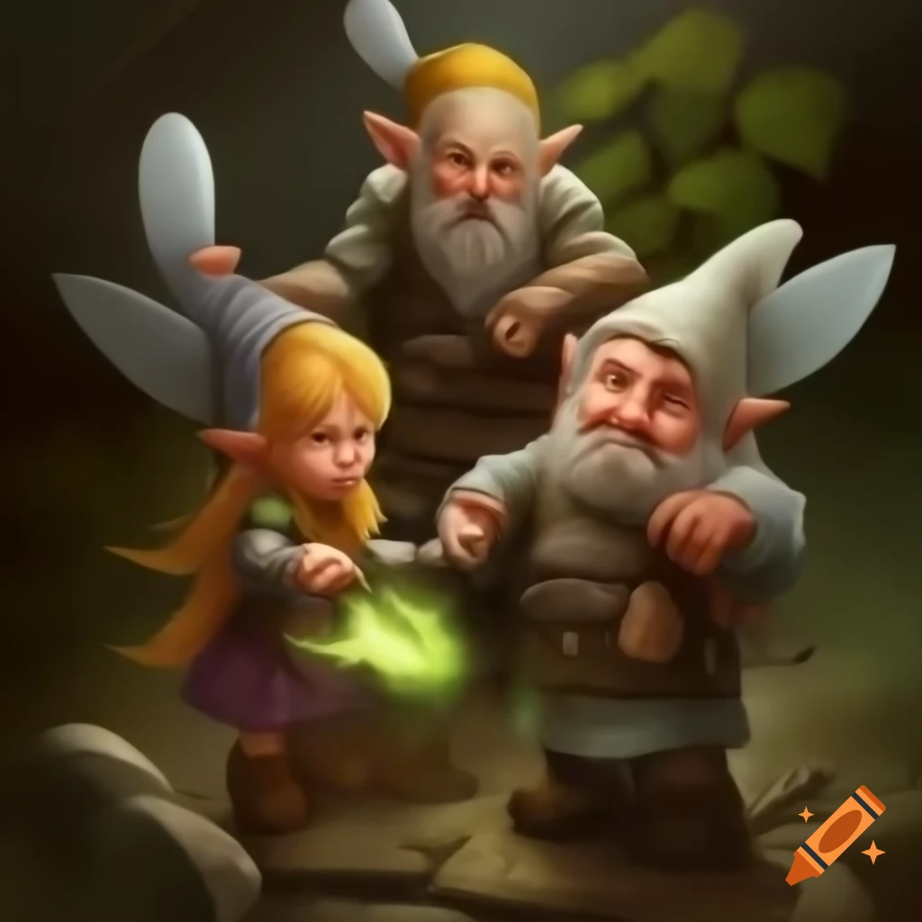 Dwarves and fairies celebrating together in a whimsical setting