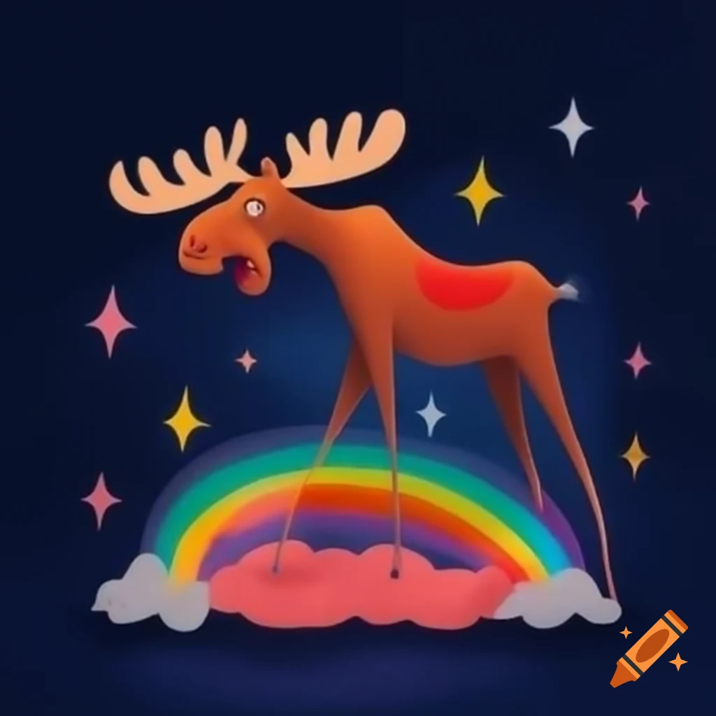 Moose in high heels standing under rainbow