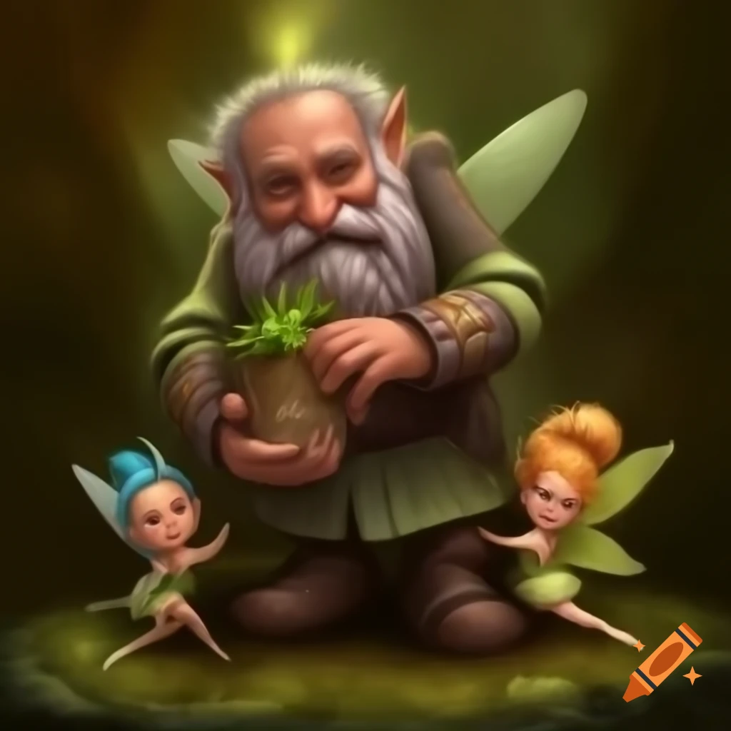Dwarves and fairies celebrating together in a whimsical setting