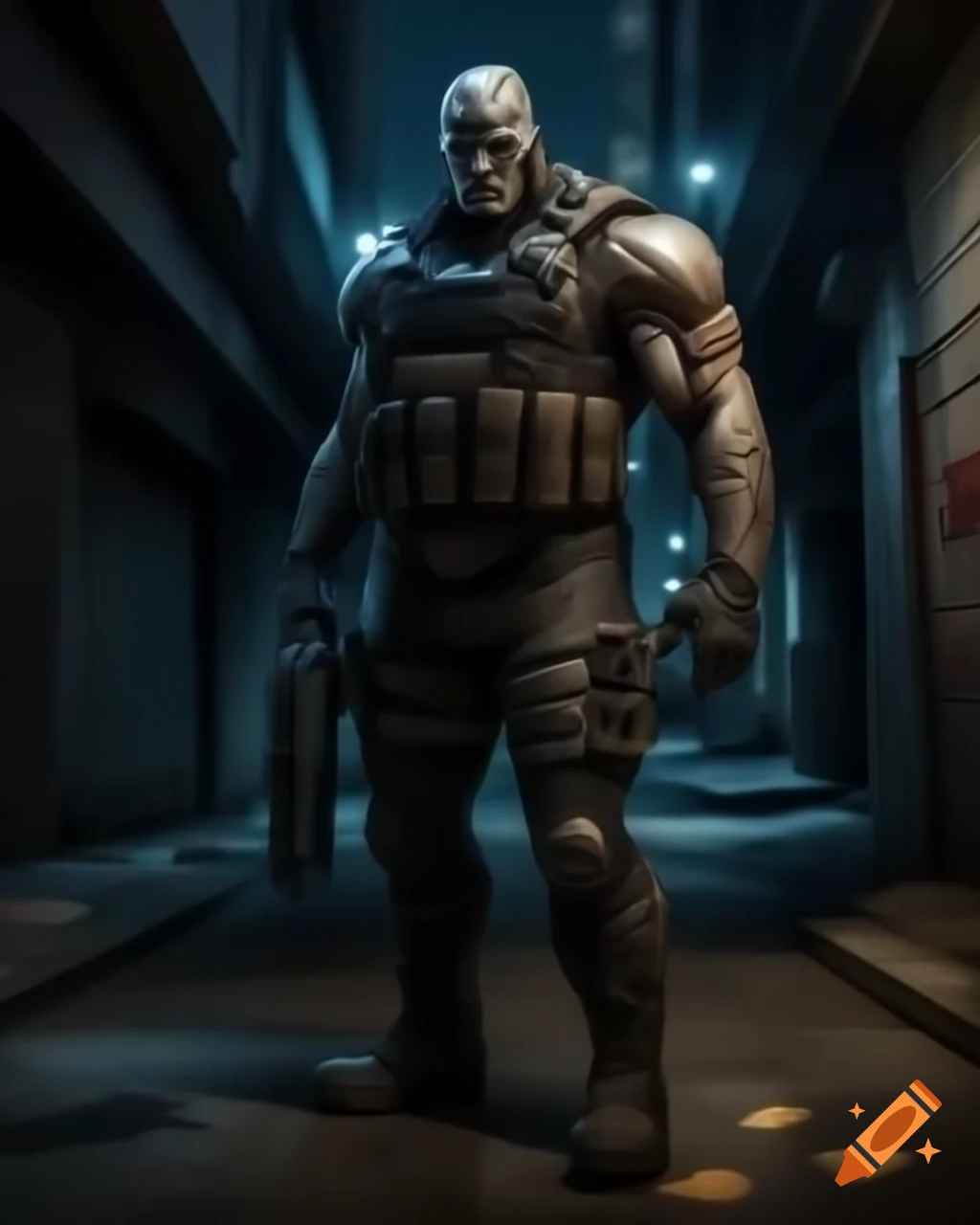 Villain in tactical gear standing in dark alleyway at night