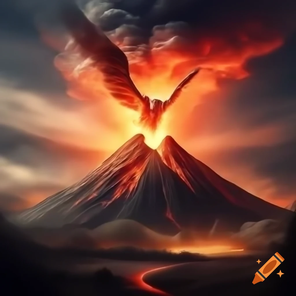 Resilient bird flying above erupting volcano, symbolizing hope and new beginnings