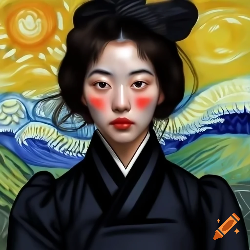 Stunning animated portrait of Korean woman in black, Van Gogh and Rembrandt style