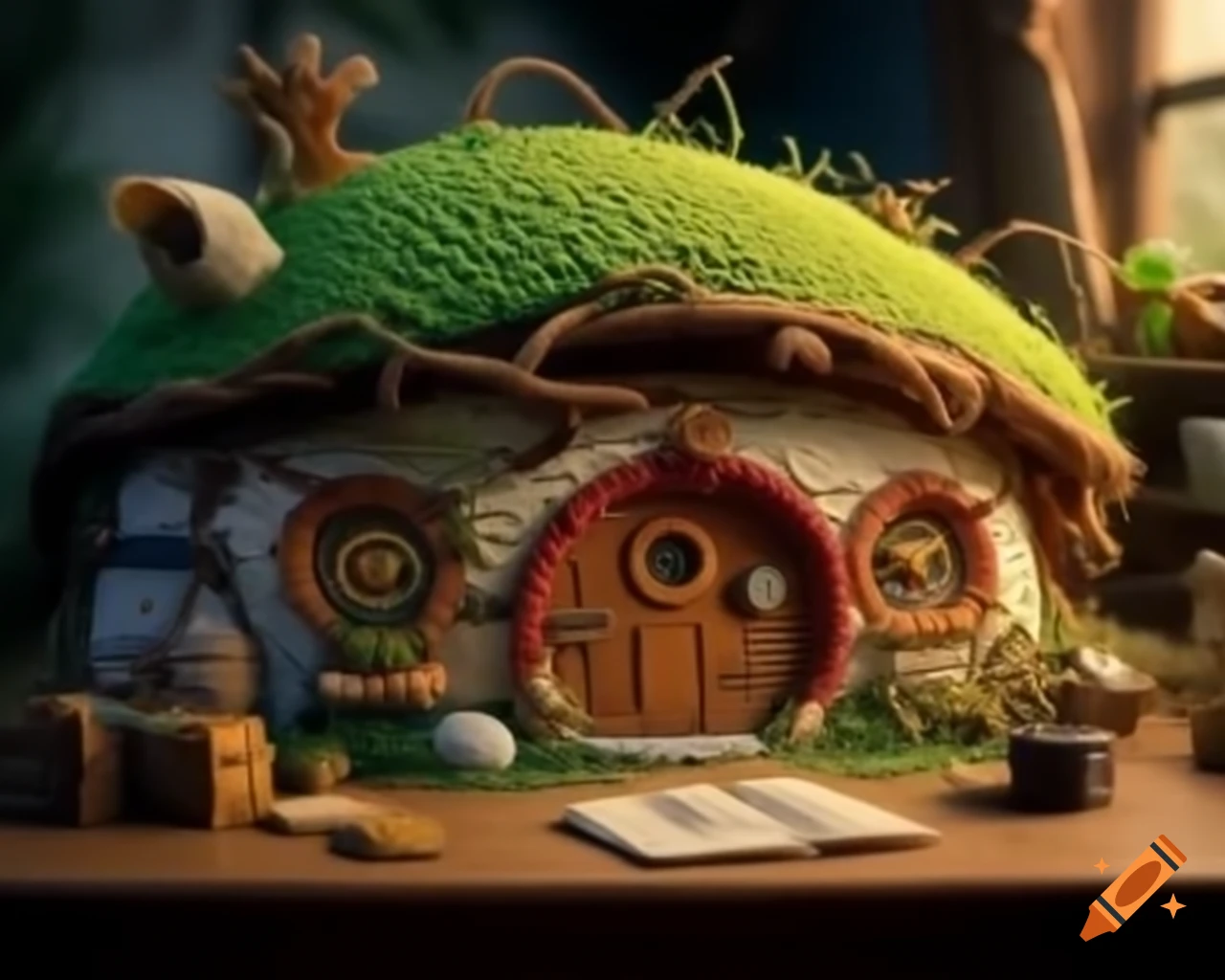 Crocheted hobbit house on table, designed for dollhouse narrative