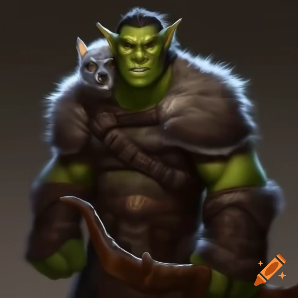 Half-orc hunter wearing wolf pelt cloak, wielding a horned bow