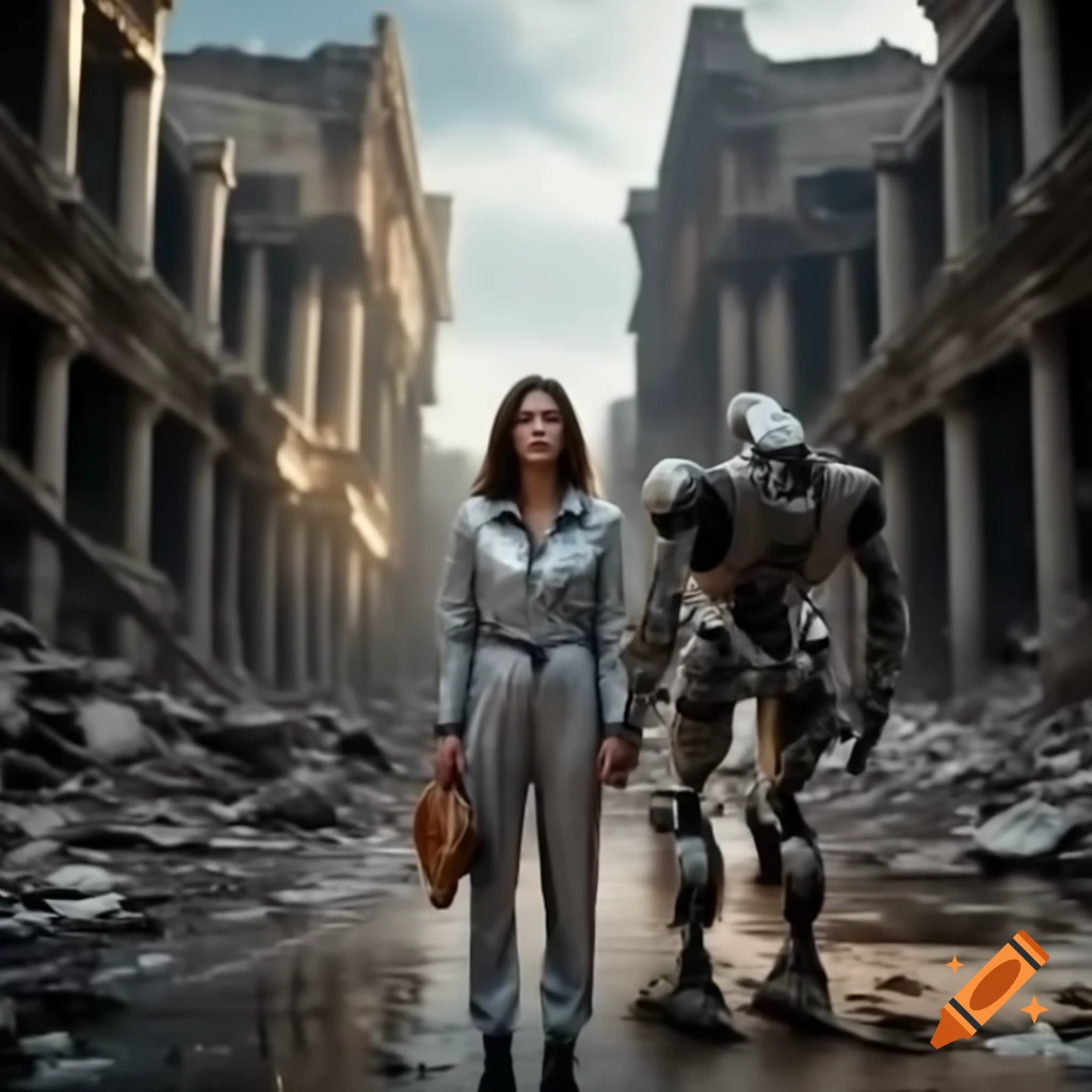 Young woman in silver jumpsuit and robot exploring ruins of a dead city