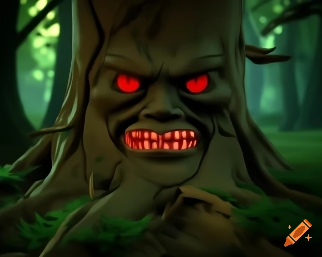 Creepy 3D CGI anime fantasy artwork of tree face with bark texture and red mouth