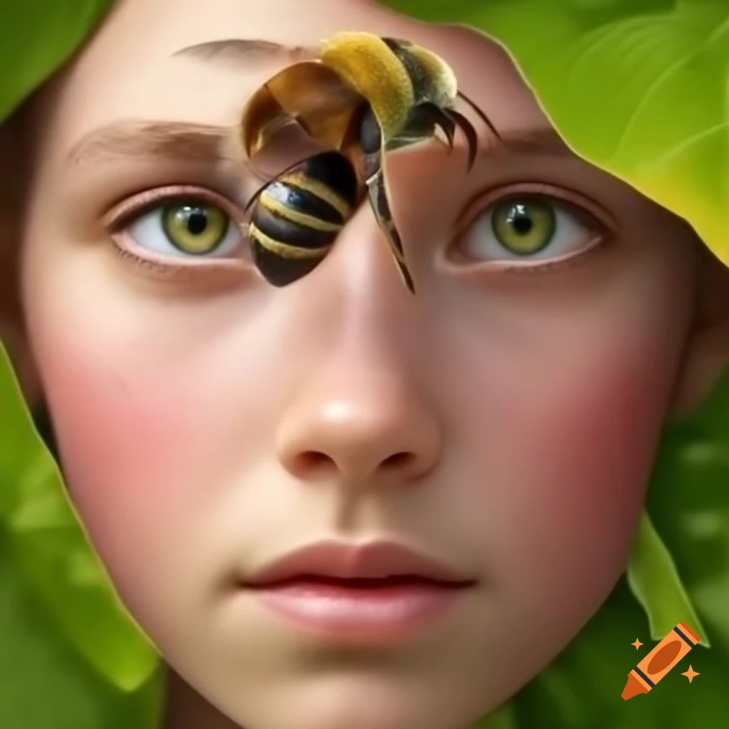 Human face close to a common bee