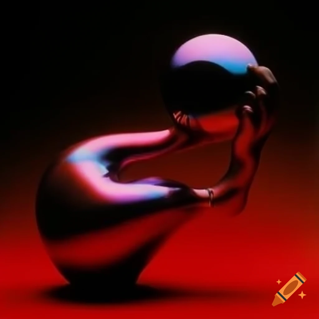 Iridescent red glass statue in pop surreal 2000's photography