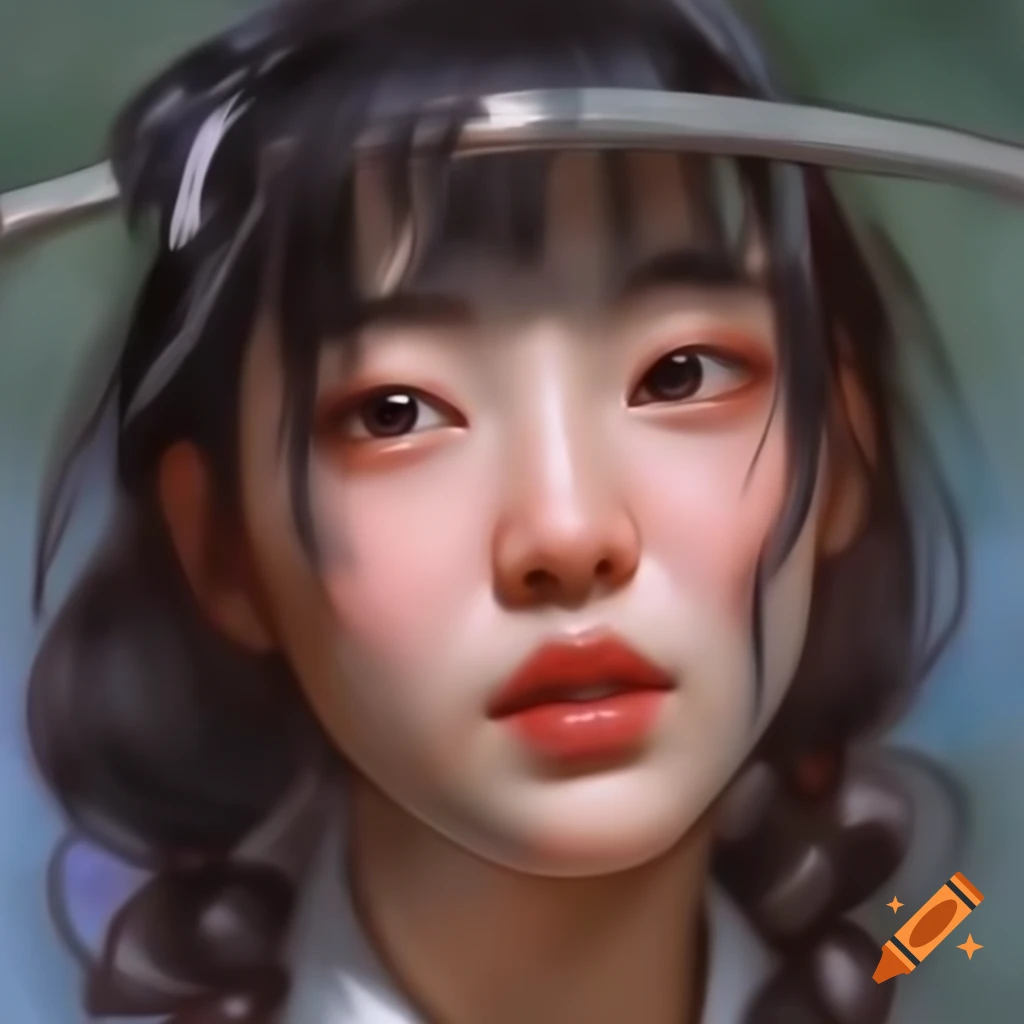 Detailed digital portrait of a charming Korean woman in watercolor style
