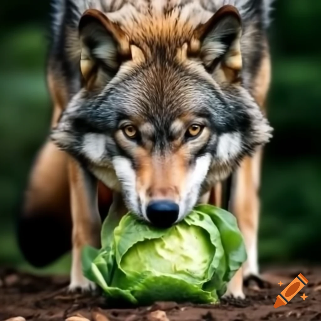 Wolf eating cabbage in natural habitat
