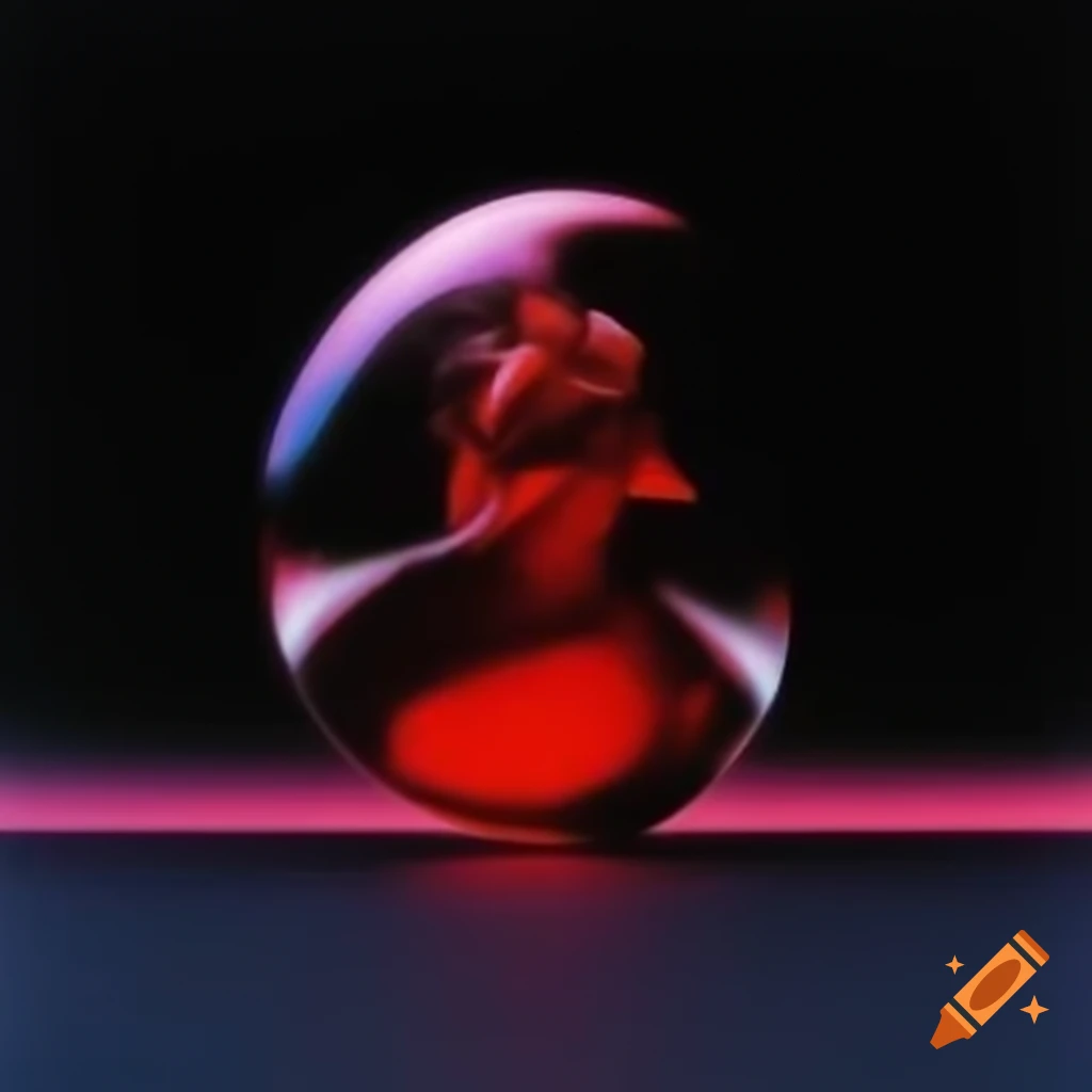Iridescent red glass statue in pop surreal photography style from the 2000s