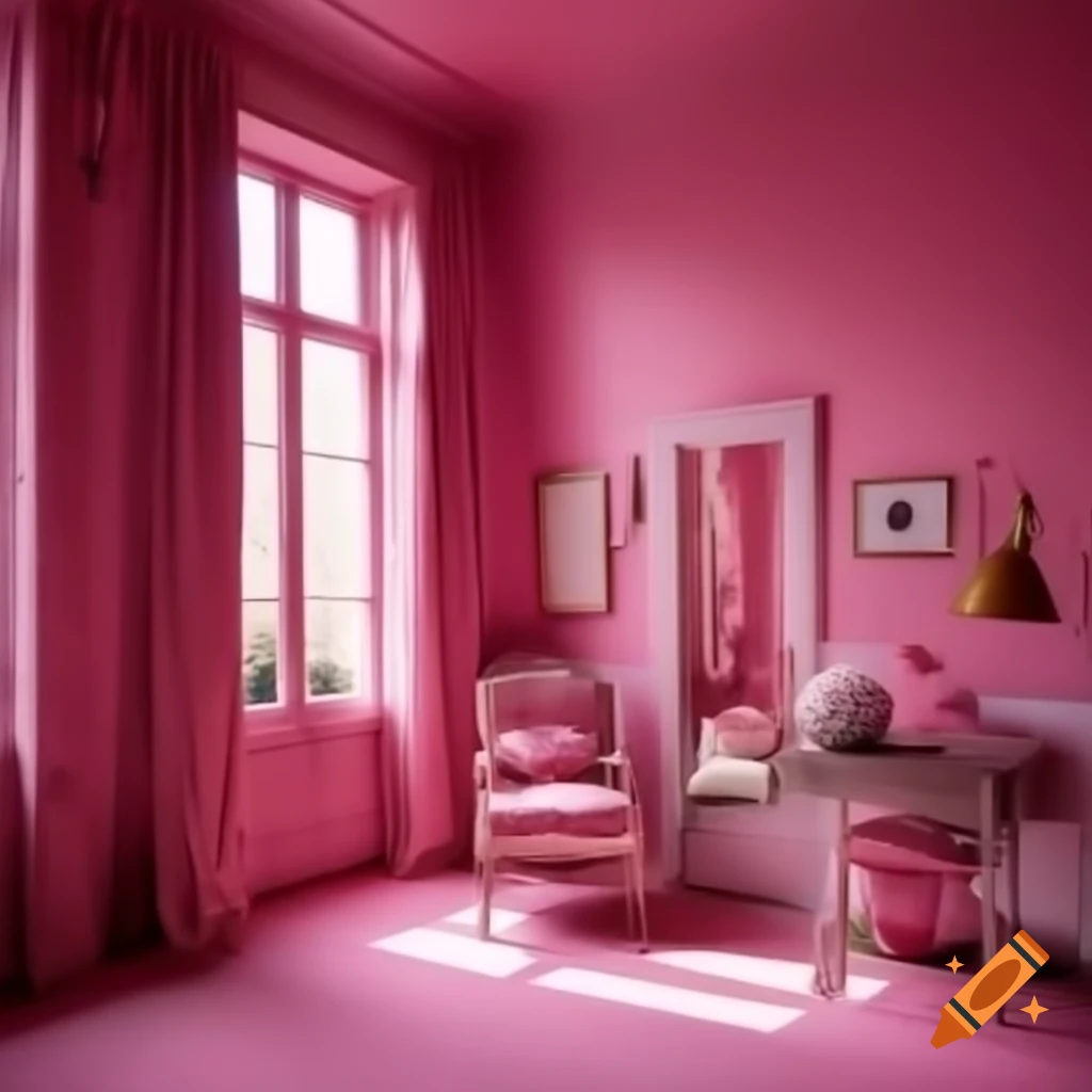 Realistic photo of an uncanny pink room