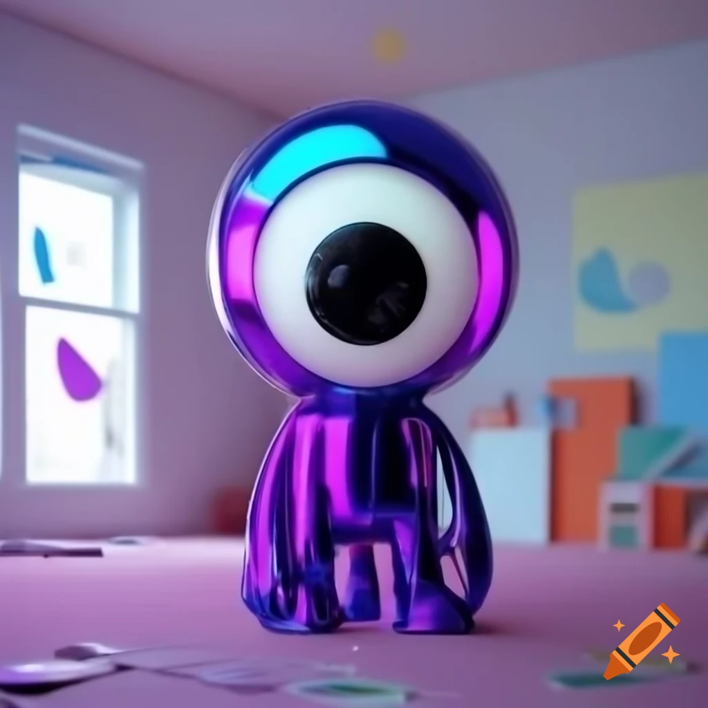 Y2K colorful shiny eyeless alien-like monster in a bright liminal space