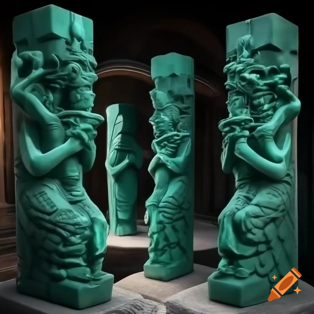 Intricate cityscape with malachite pillars and caryatid columns