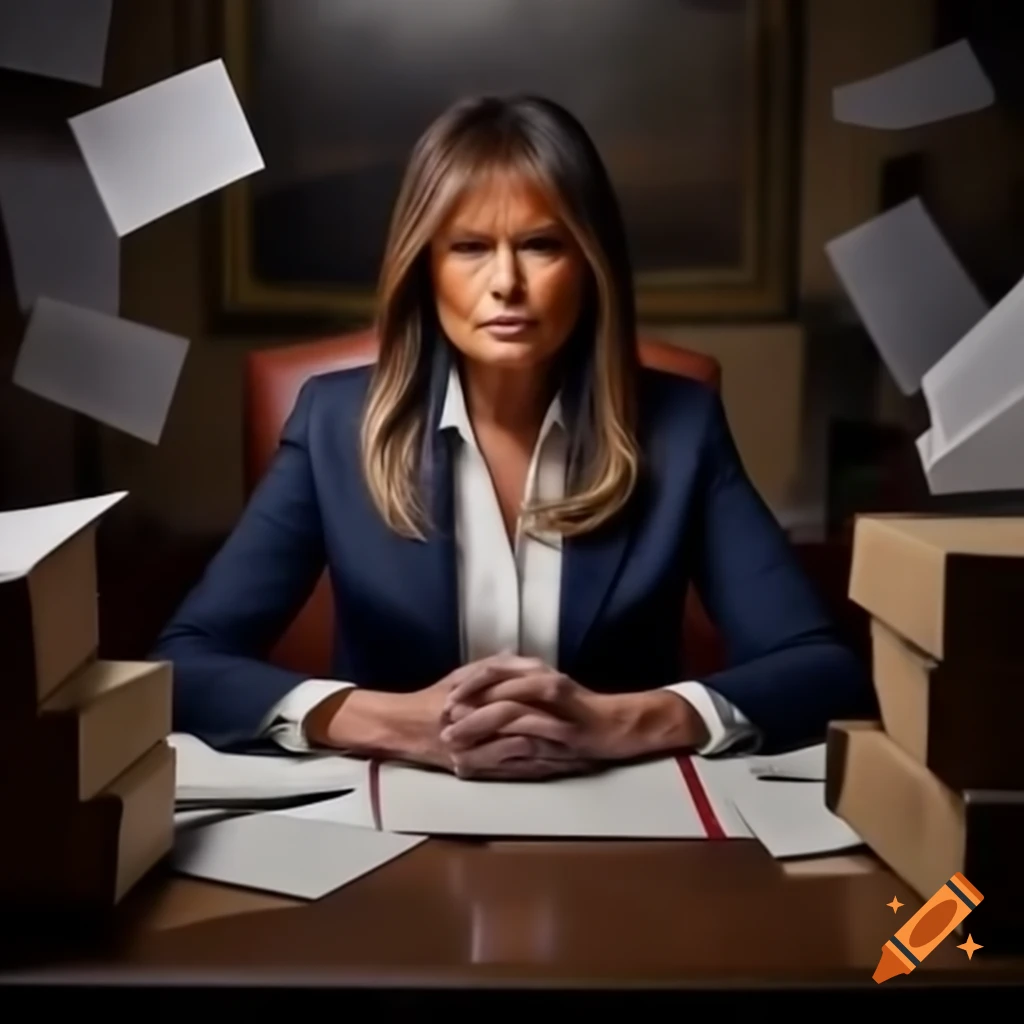 Photorealistic depiction of Melania Trump and Vladimir Putin exchanging a box of papers