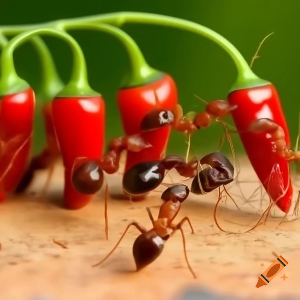 Group of ants interacting with chili peppers on a table