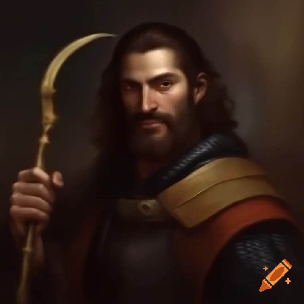 Portrait of Alfred Molina as medieval alchemist holding brass sickle