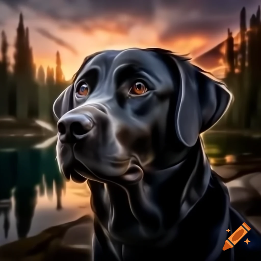 Black Labrador Retriever in forest with trees, front view