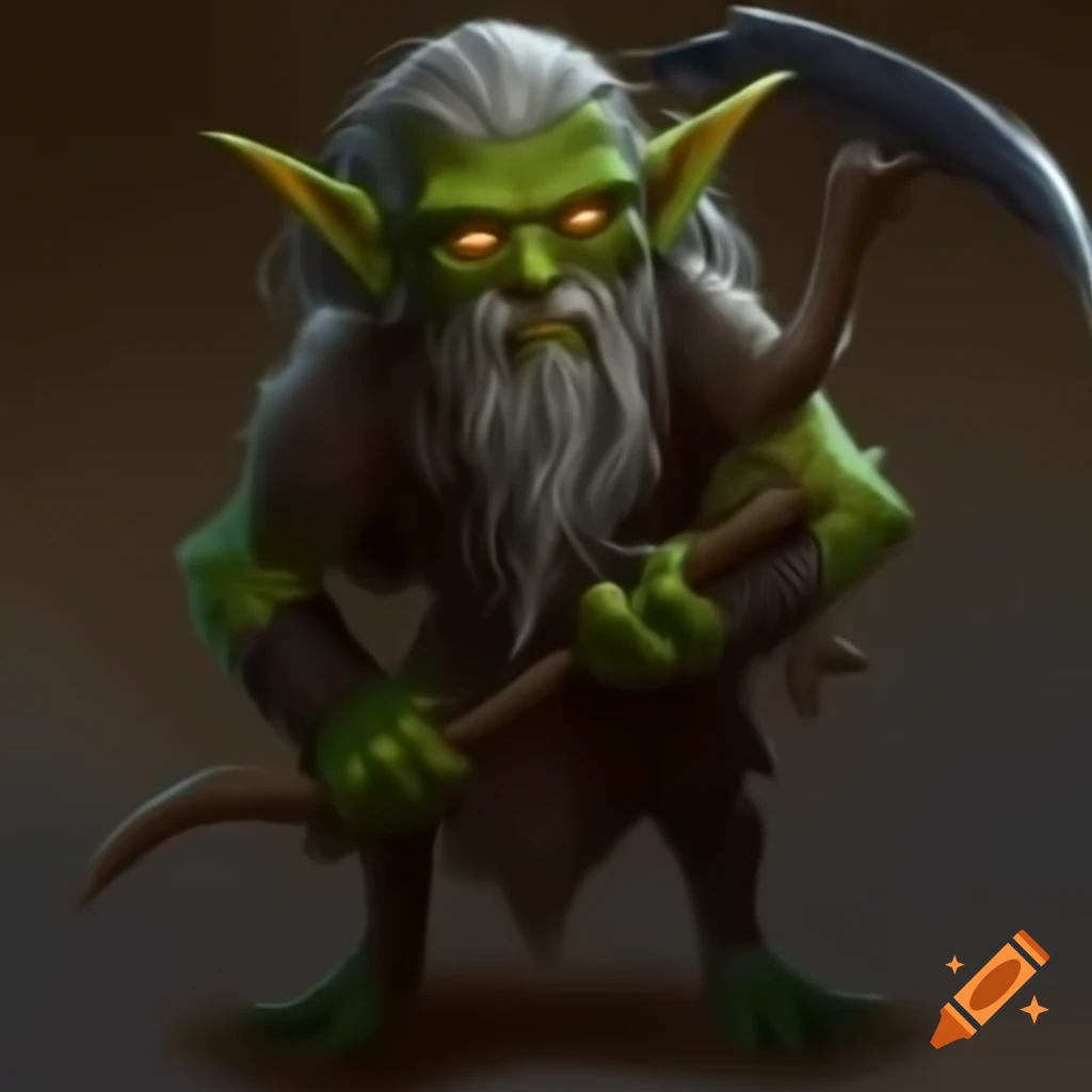 Dark green goblin with gray beard holding a scythe
