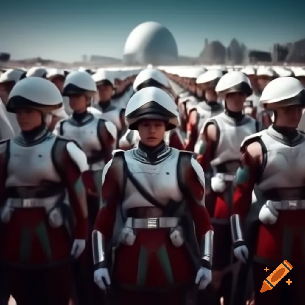Futuristic Chancellery Guards of Gallifrey charging with powers in red and white uniforms