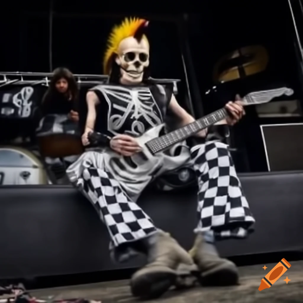 Skull faced punk rocker with mohawk in mosh pit at ska concert