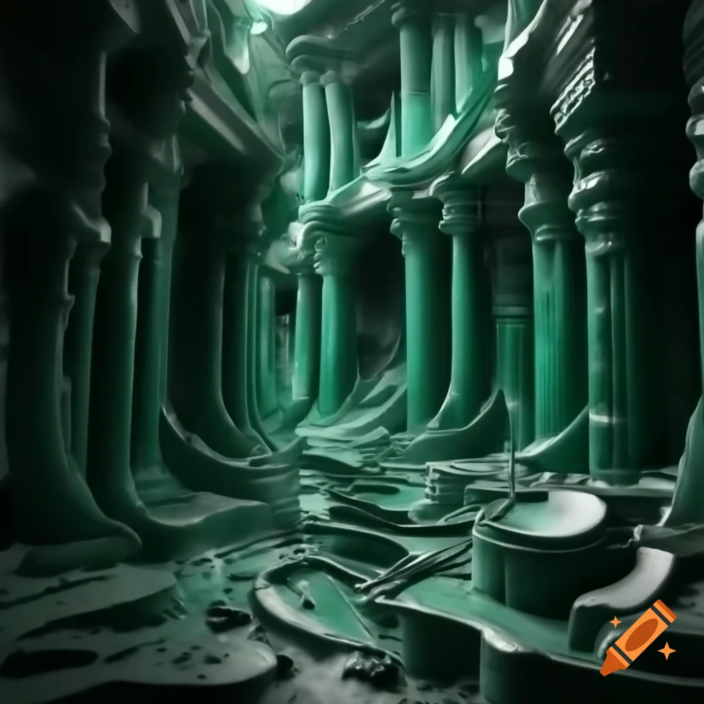 Surreal cityscape with malachite pillars resembling strange figures, high detail