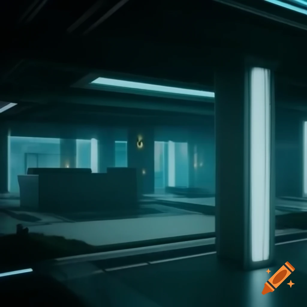 Cyberpunk lobby with four open sides and roof supported by four pillars