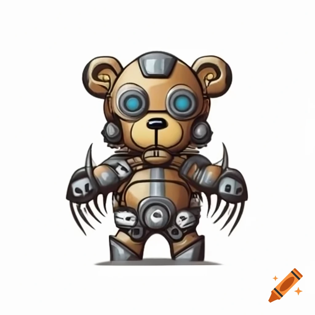 Steampunk robotic teddy bear with metal gears, claws and teeth made of titanium
