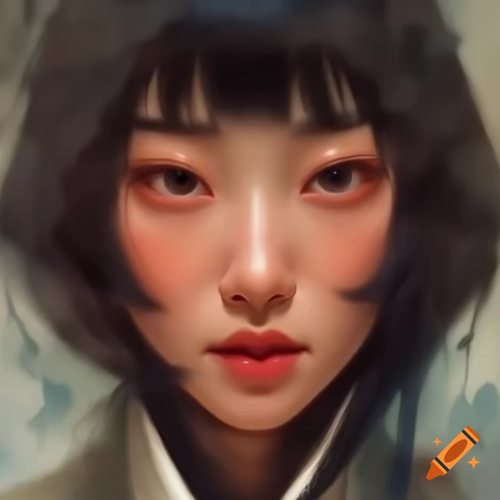 Detailed digital watercolor portrait of a charming Korean woman inspired by Rembrandt