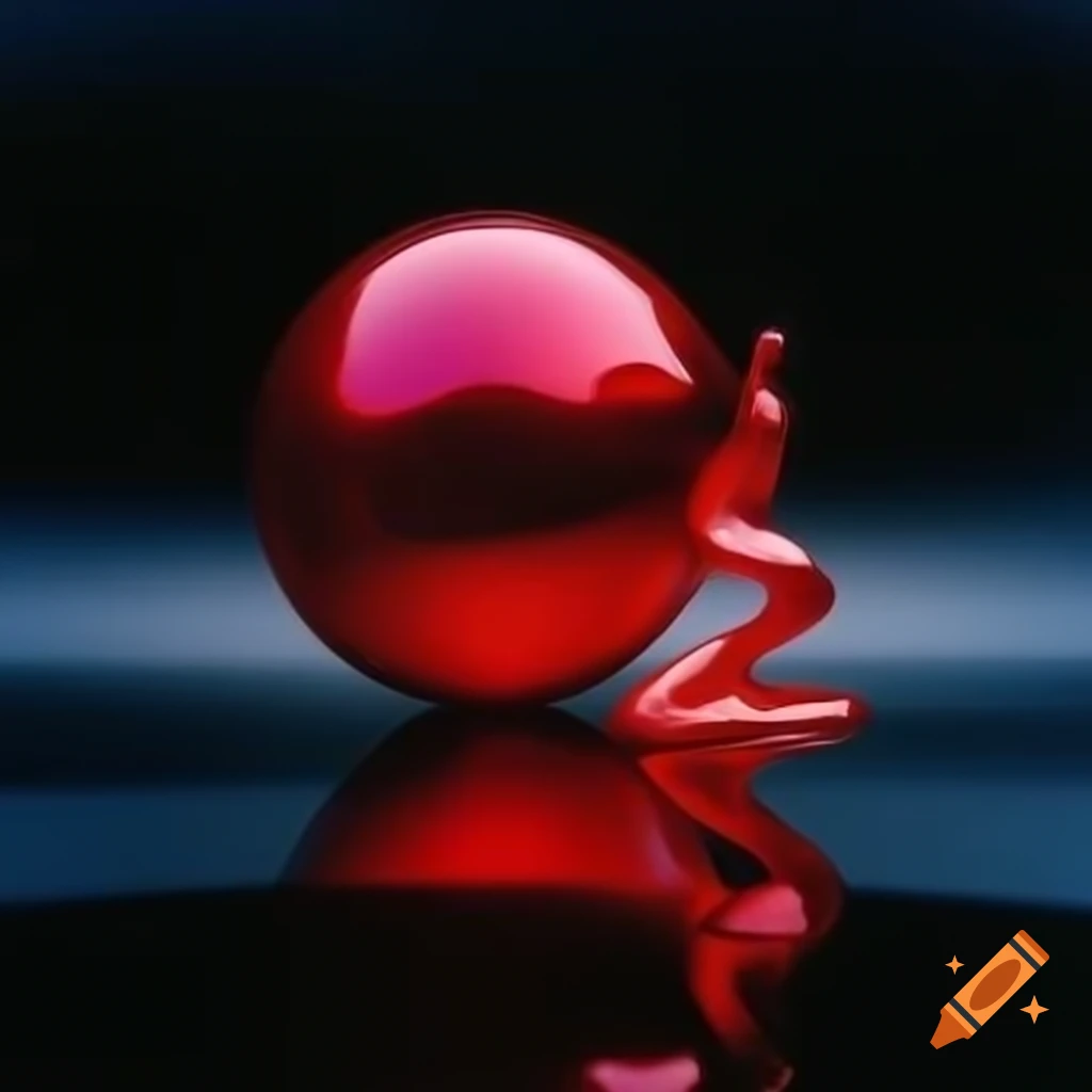 Pop surreal photography featuring iridescent red glass statue