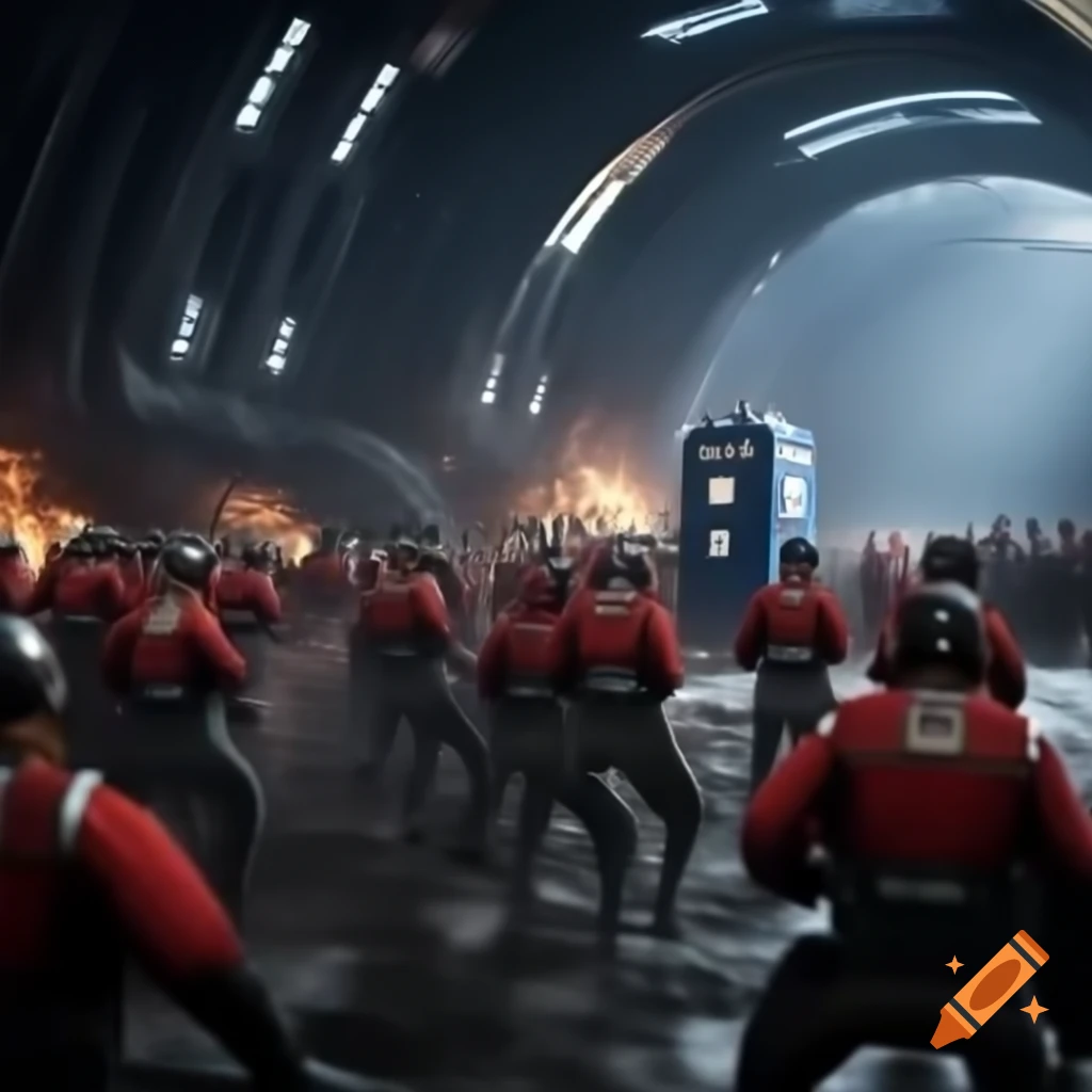 Gallifrey Timelords Chancellery Guards in battle with futuristic priests inside arched architecture