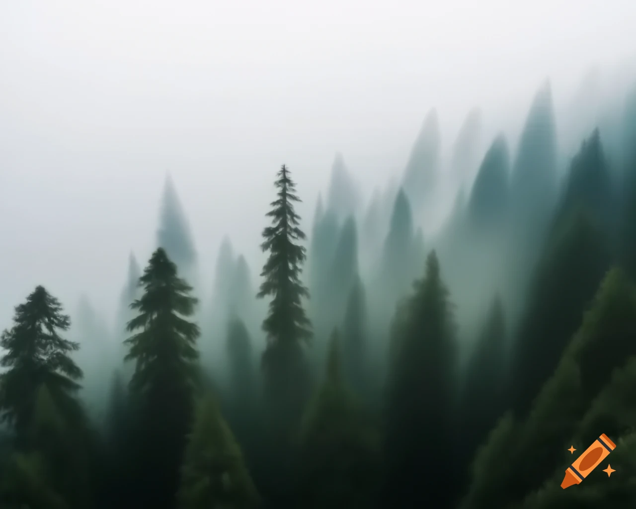 Foggy forest with treetops partially hidden and white sky above