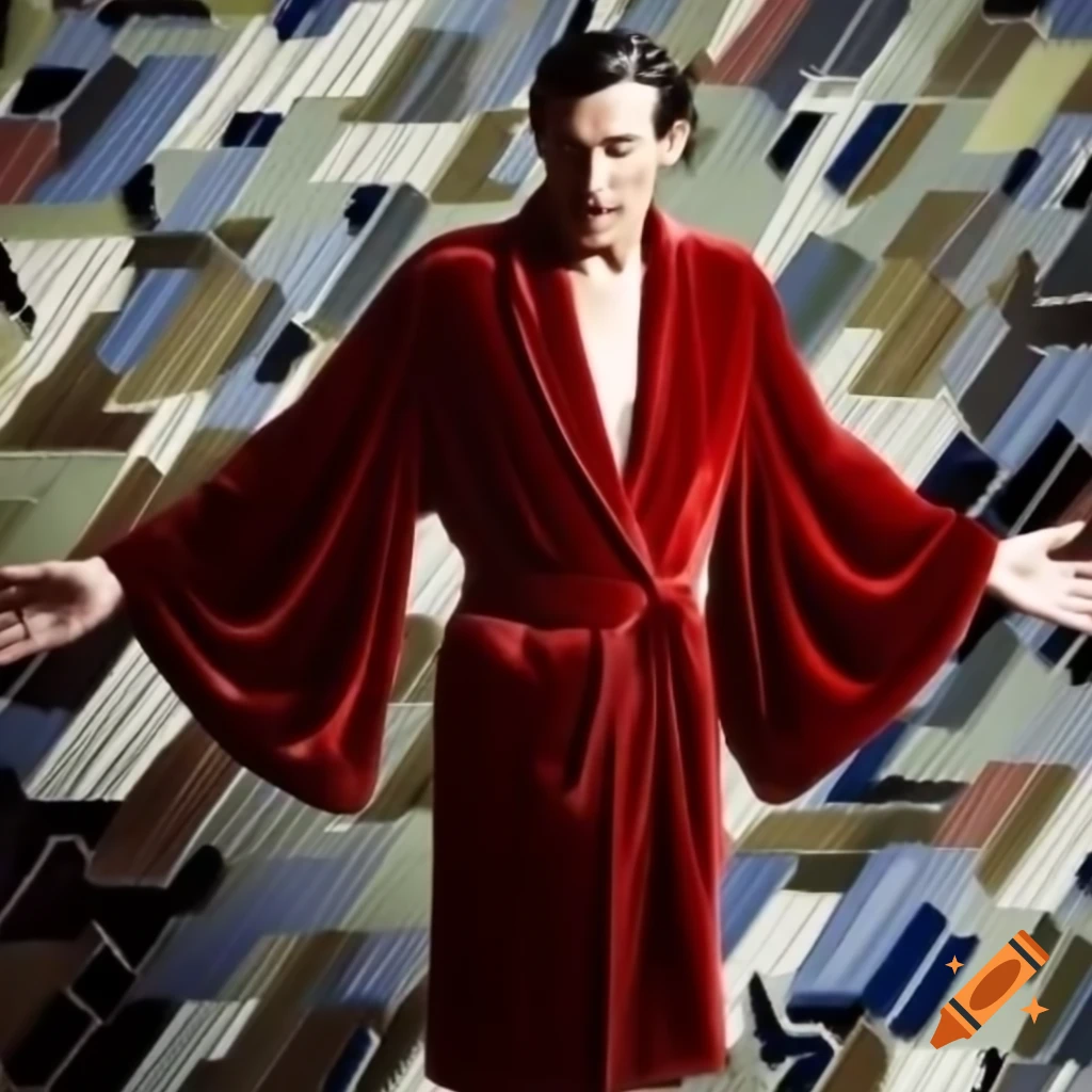 Man with outstretched arms in red velvet dressing gown over beachwear, abstract 50s pattern