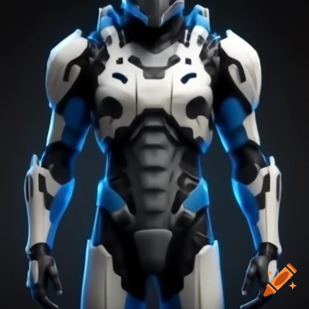 Futuristic sci-fi armor in white, grey, black, and blue