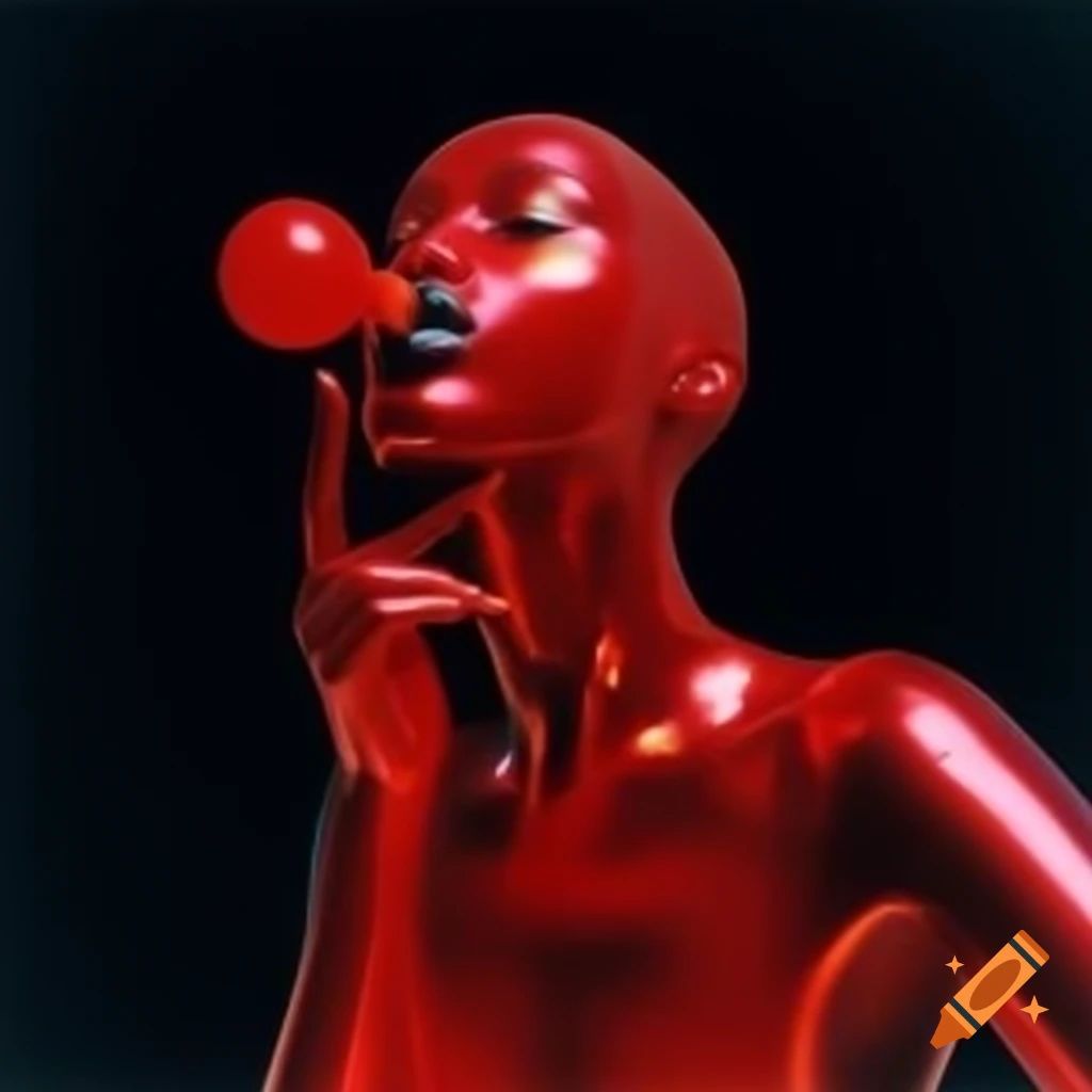 Pop surreal photography featuring iridescent red glass statue