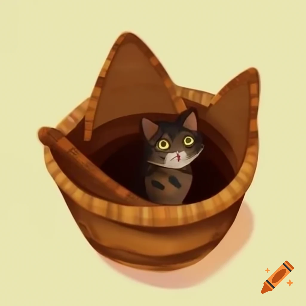 Cartoon of tulip shaped basket with tabby kitten inside