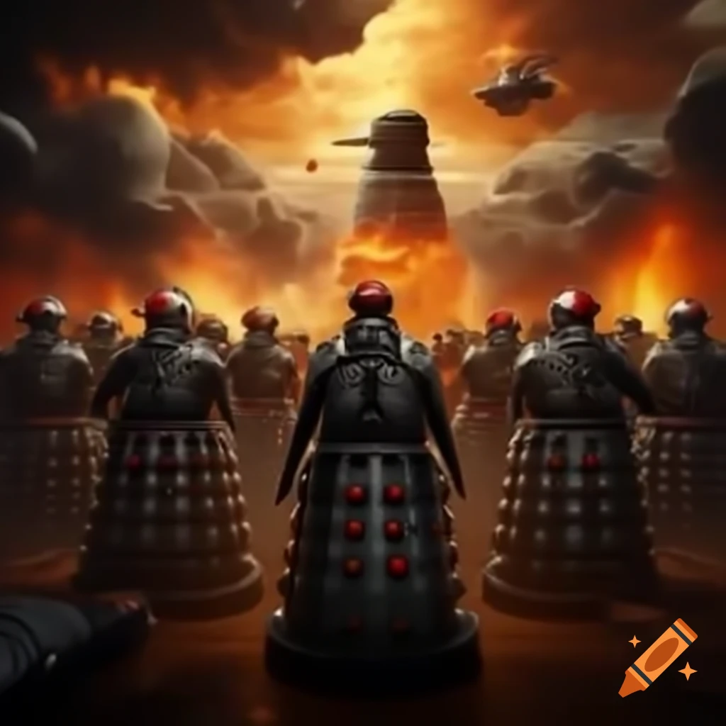Chancellery Guard of Gallifrey charging into futuristic citadel against Daleks surrounded by vortex energy
