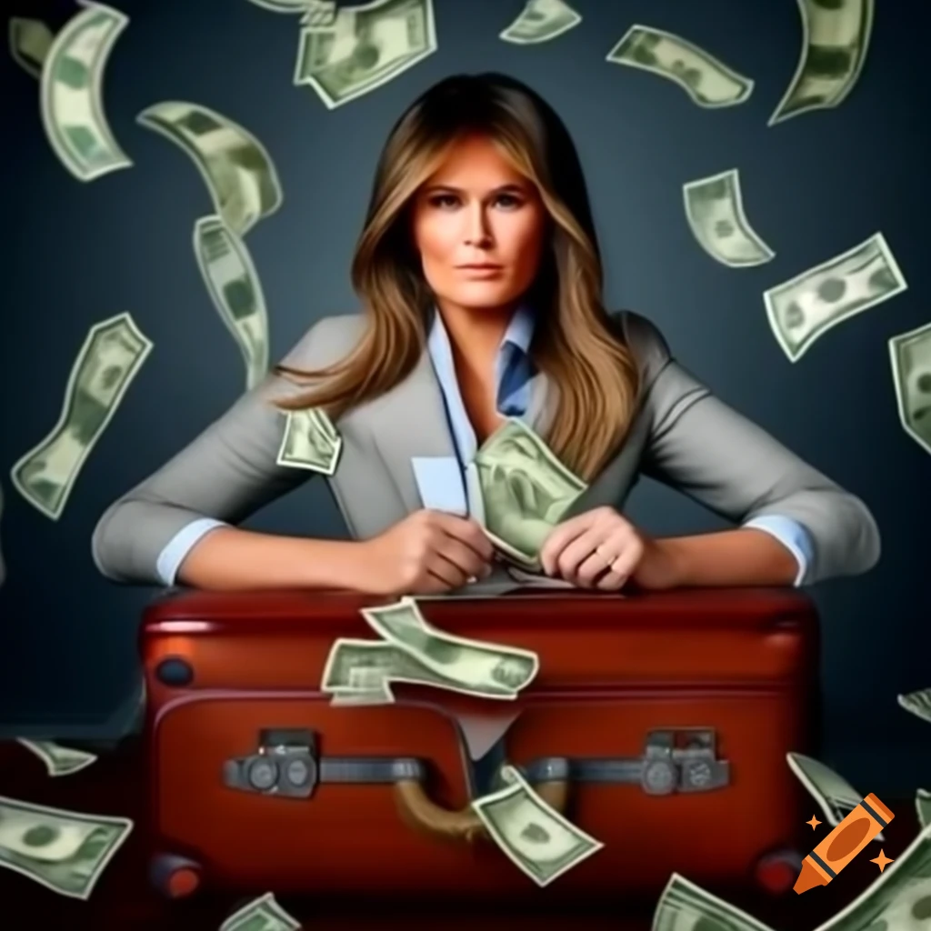 Realistic portrait of Melania Trump packing suitcase with clothes and cash