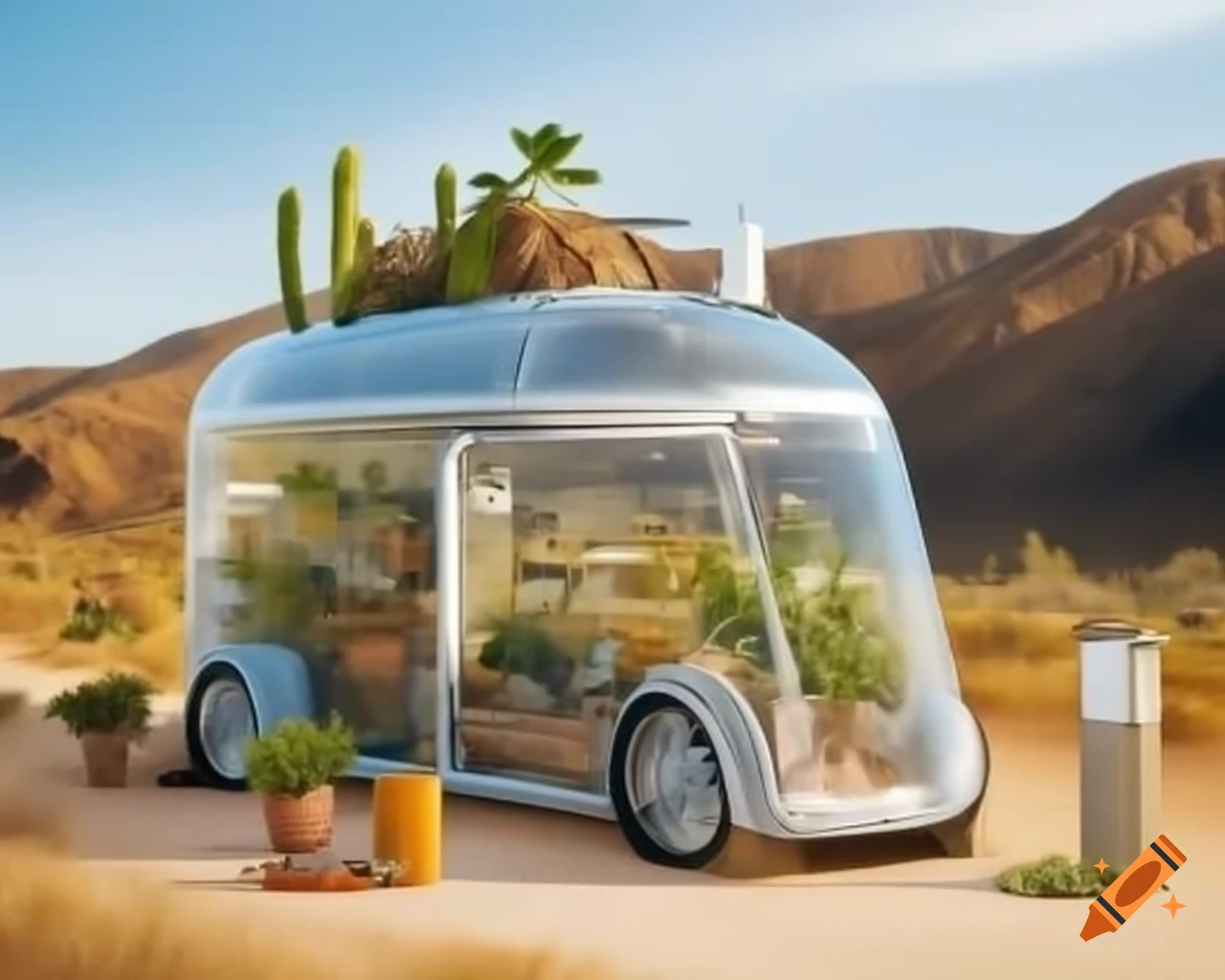 Surreal transparent solarpunk Tesla truck showcasing internal plants and vegetation