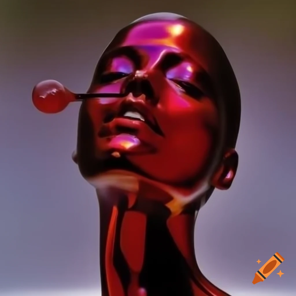 Pop surreal photography featuring iridescent red glass statue