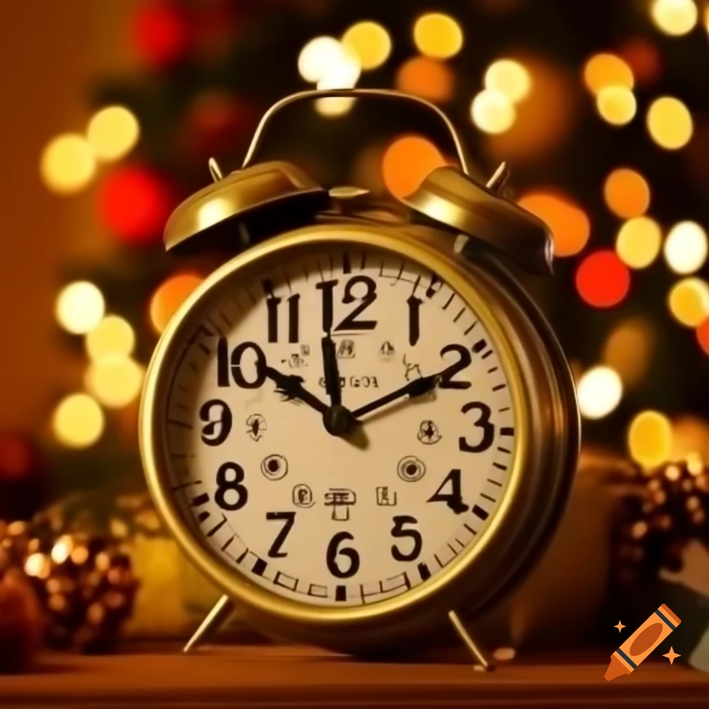 Old table clock with bokeh background and festive lights