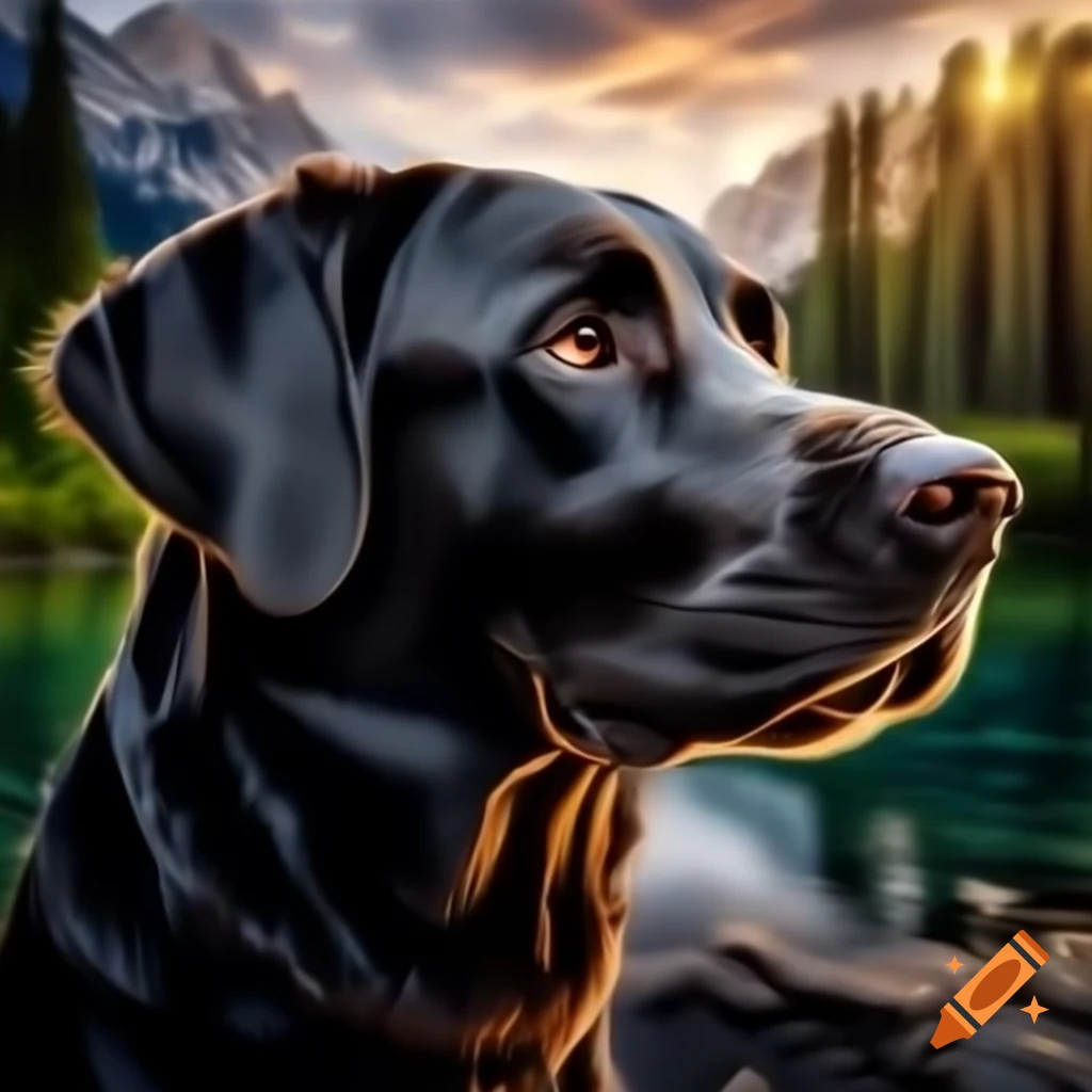 Black Labrador Retriever in forest with trees, front view