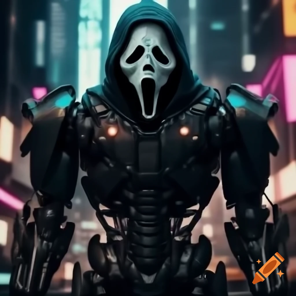 GhostFace robot armor in a vibrant cyberpunk cityscape