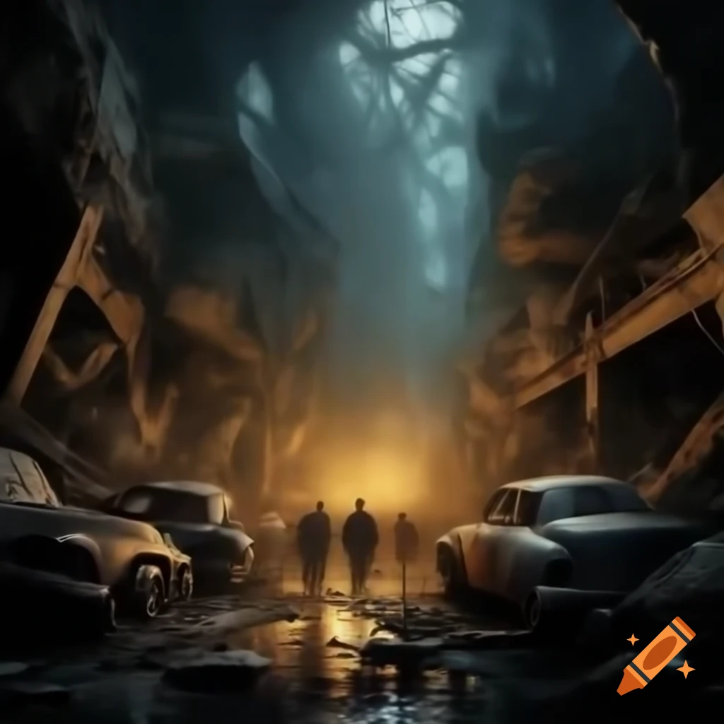 Ethereal apparitions in a haunted junkyard under a dark night sky