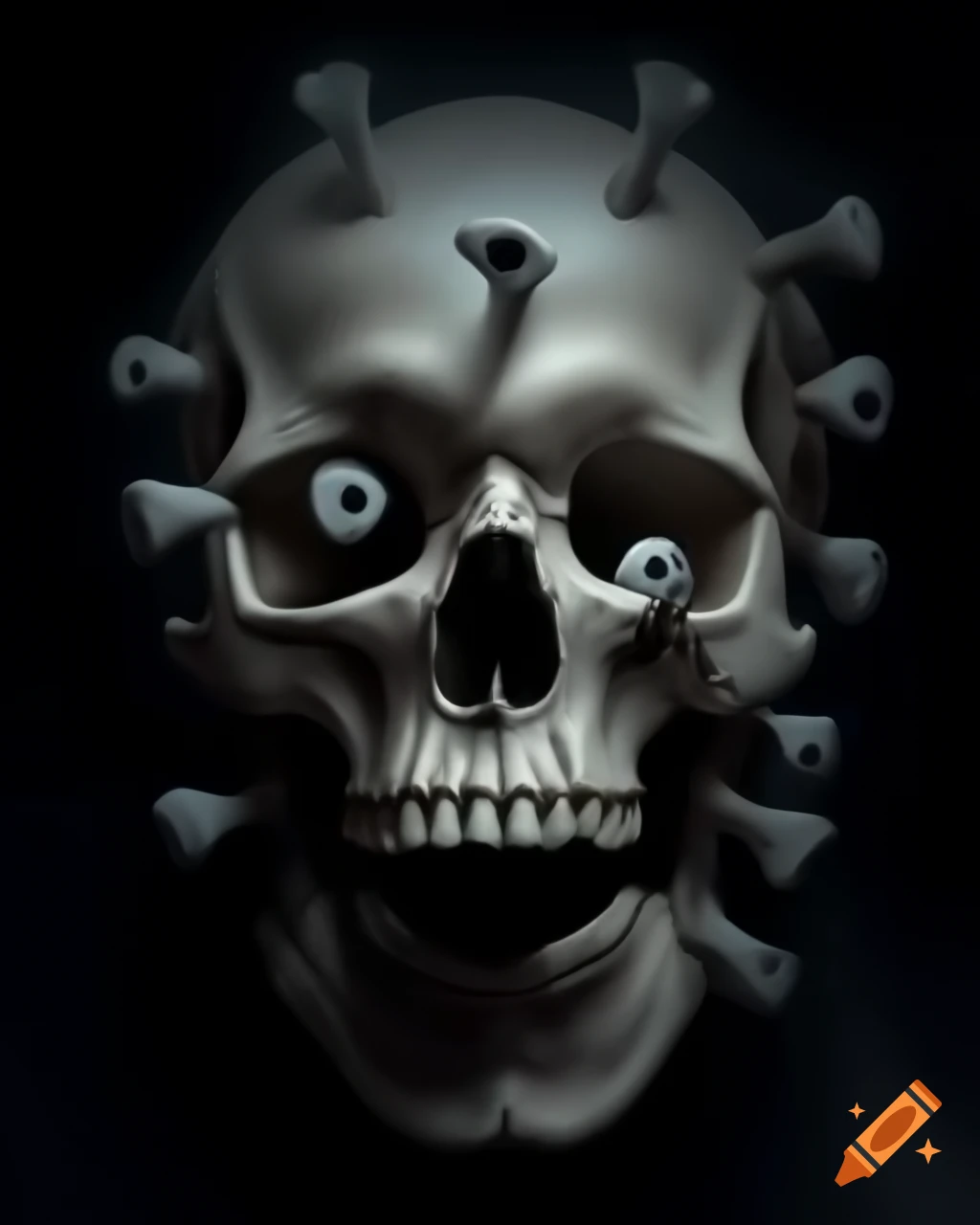 Monochromatic skull with luminous eye sockets, silhouette of a projectile