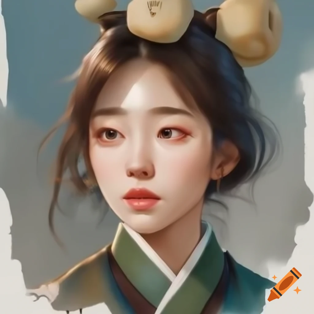 Detailed digital watercolor portrait of a charming Korean woman in Rembrandt style