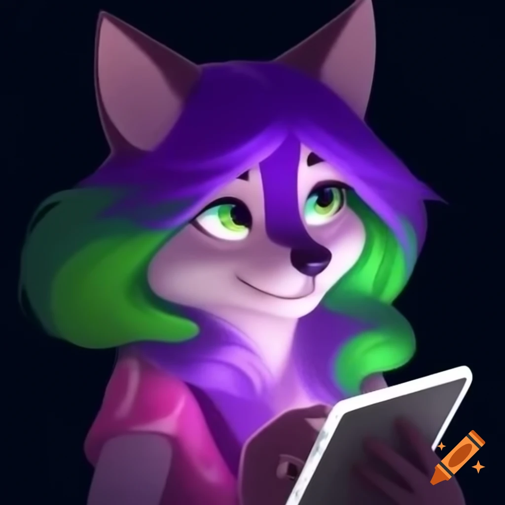 Whimsical purple and green-haired wolf surprised by tablet screen