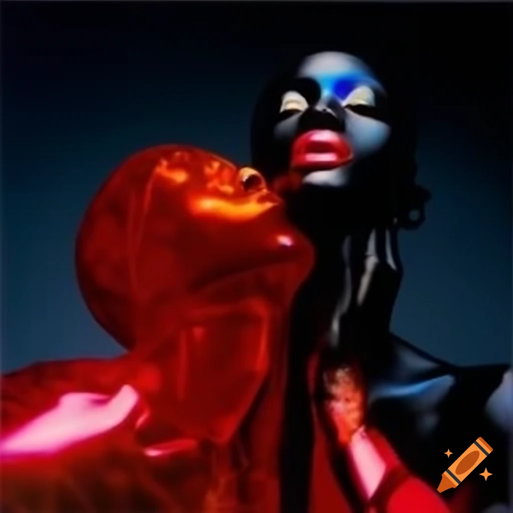 Pop surreal photography featuring iridescent red glass statue
