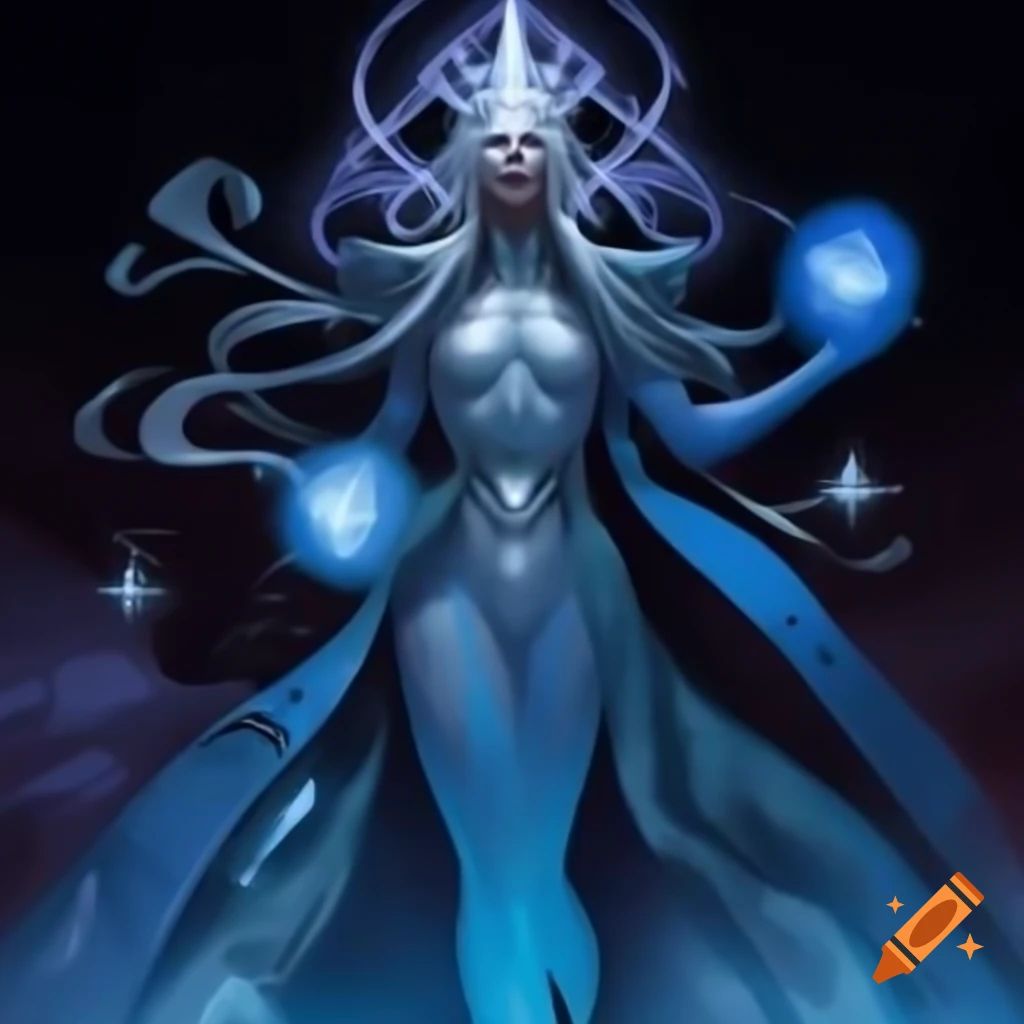 Comic sketch of a female villain with cosmic appearance in blue bodysuit