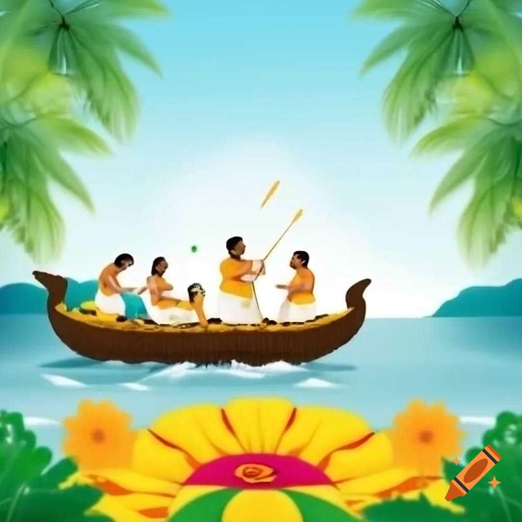 Happy Onam poster featuring Kerala boat, floral mat, and coconut trees